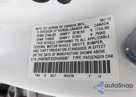 2013 Honda Civic Lx z USA, uszkodzony, nr VIN 2HGFB2F52DH545087